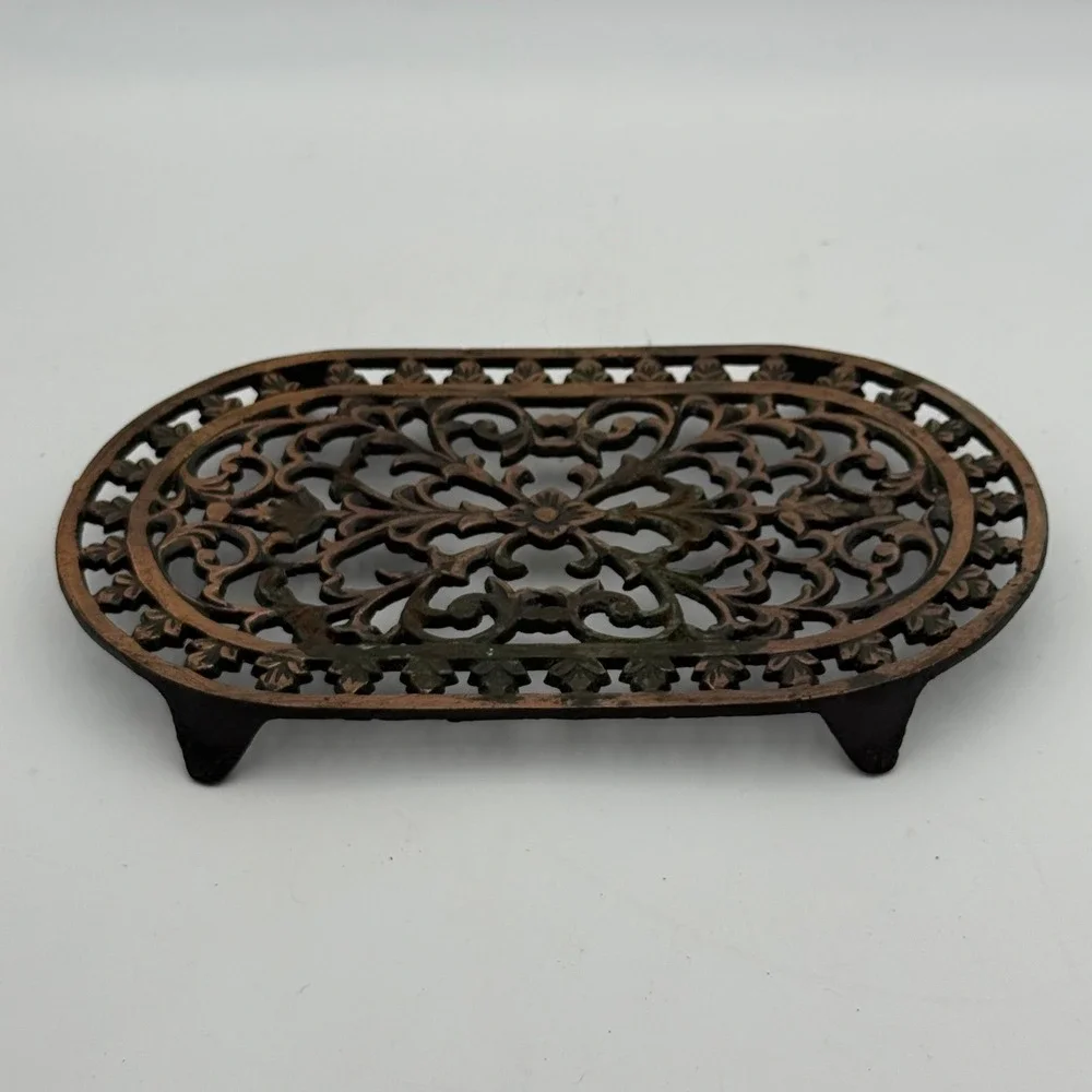 Vintage ODI Cast Iron Trivet Copper Plated Oval Ornate Filigree Scrollwork 9in